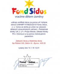 certifikát dárce za pomoc při Veřejné sbírce fondu Sidus